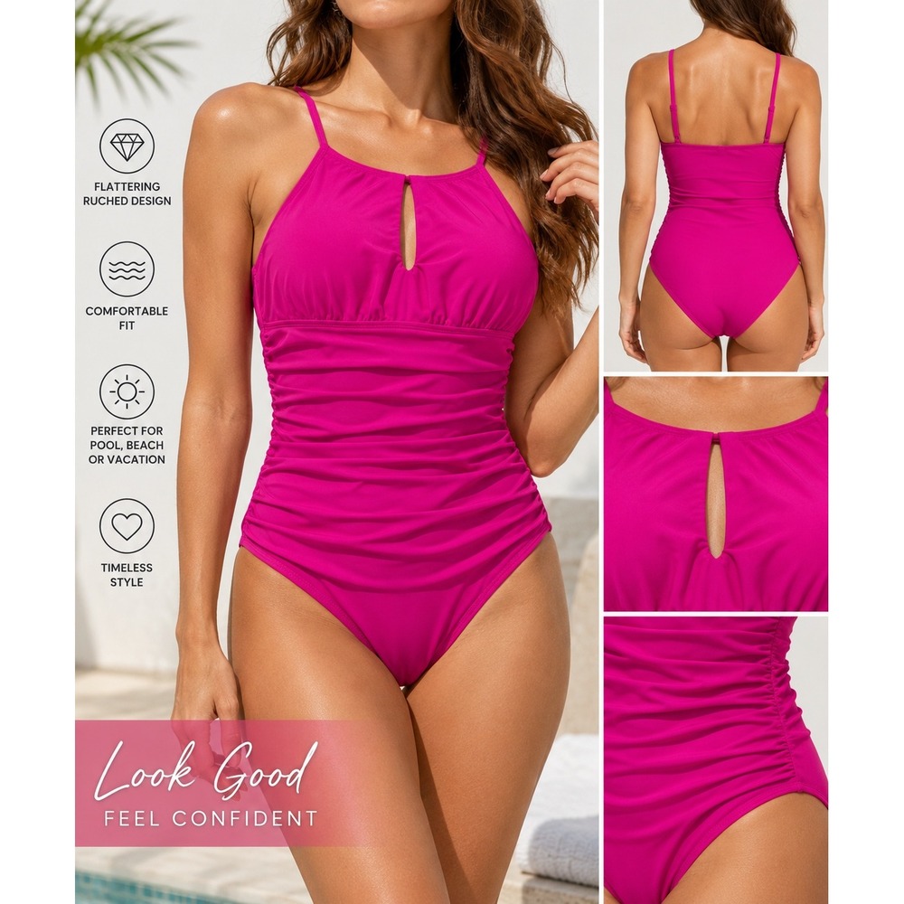 Ellen Tracy Womens Ruched Keyhole One Piece Swimsuit Fuchsia Pink Size 10